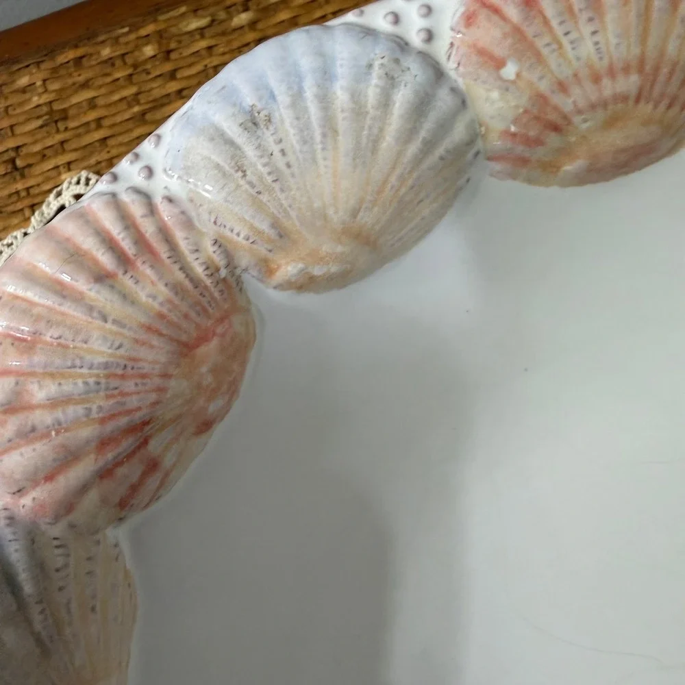 Vintage Portugal Sculptural Scallop Shell Rim Bowl Coastal Majolica Serving Dish